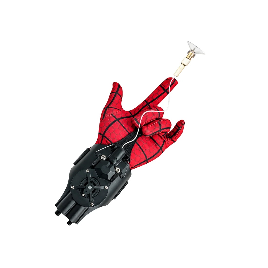 Web Slinger glove: red web-pattern glove with a black wrist launcher and a suction-cup tipped line